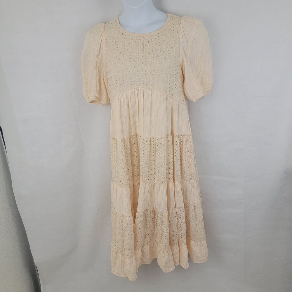 &MERCI Womens Dress Sz MEDIUM Tiered Midi Boho Cream Neutral Eyelet Cottagecore